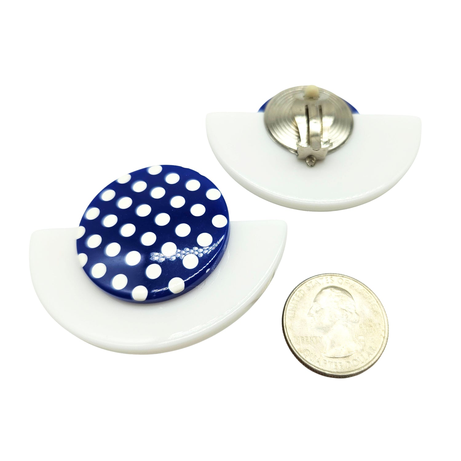 Vintage Archives: Blue Polka Dot Half-Circle Clip-On Earrings