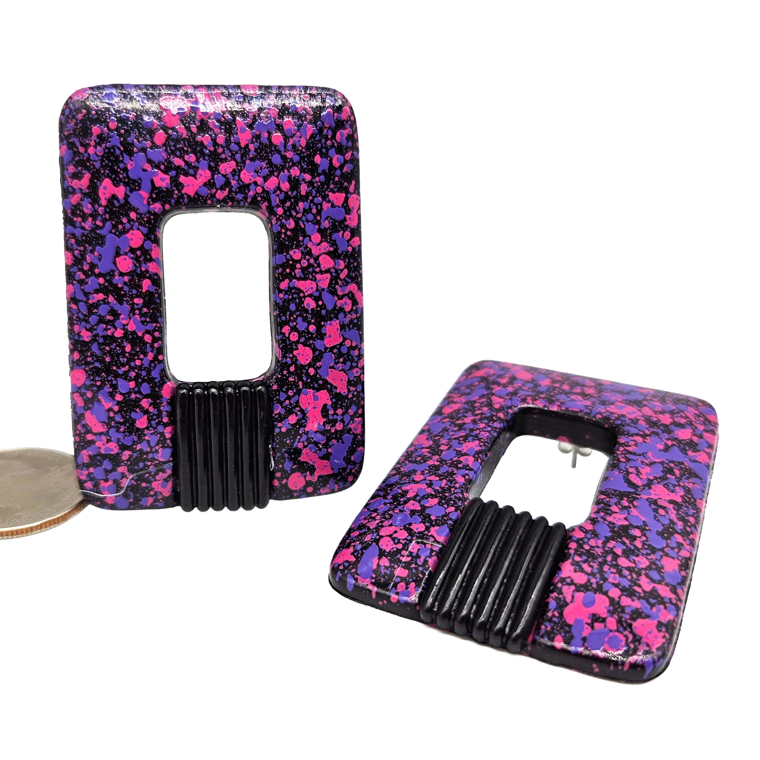 Vintage Archives: Pink &amp; Purple Splatter Rectangle Earrings