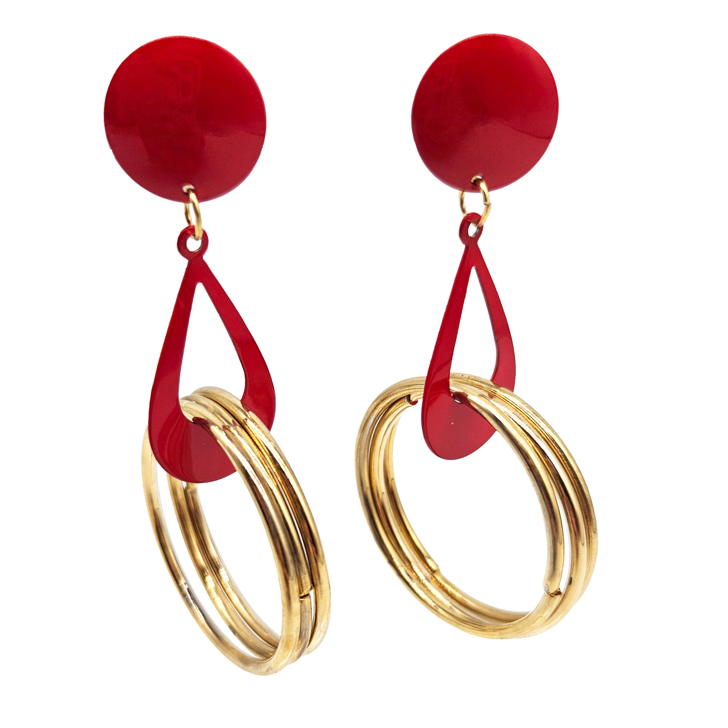 Vintage Archives: Red &amp; Gold Triple Hoop Earrings