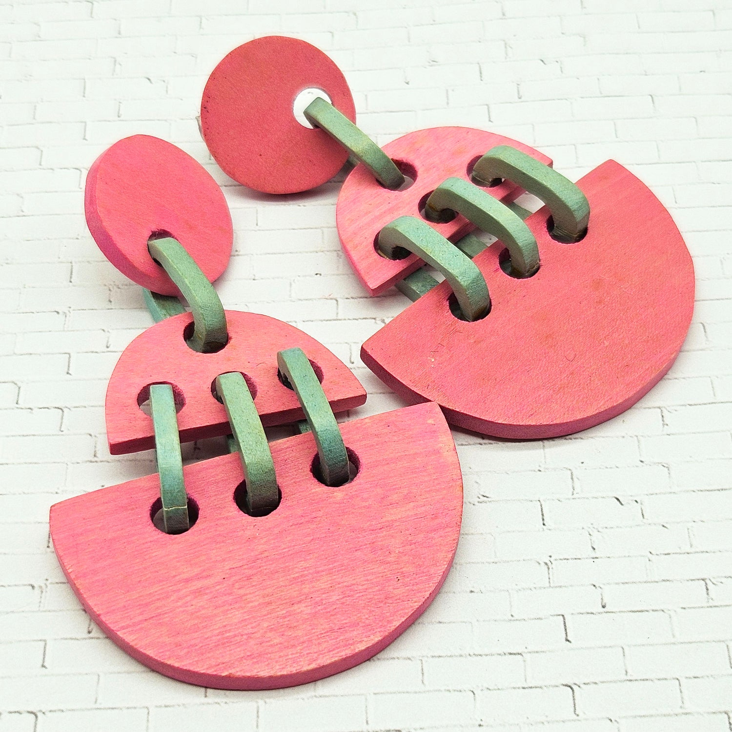 Vintage Archives: Pink &amp; Sage Geometric Wood Earrings