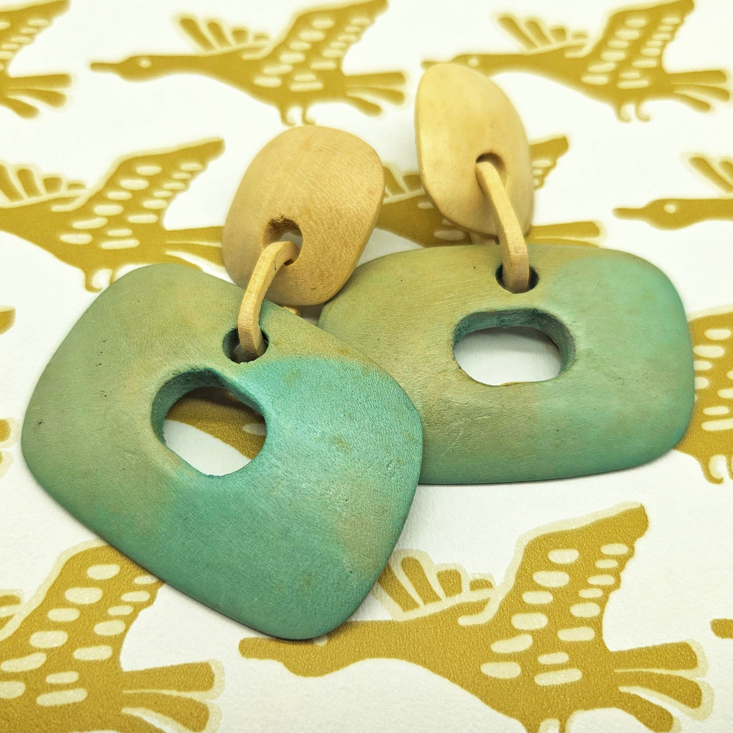 Vintage Archives: Seafoam Geometric Wood Earrings