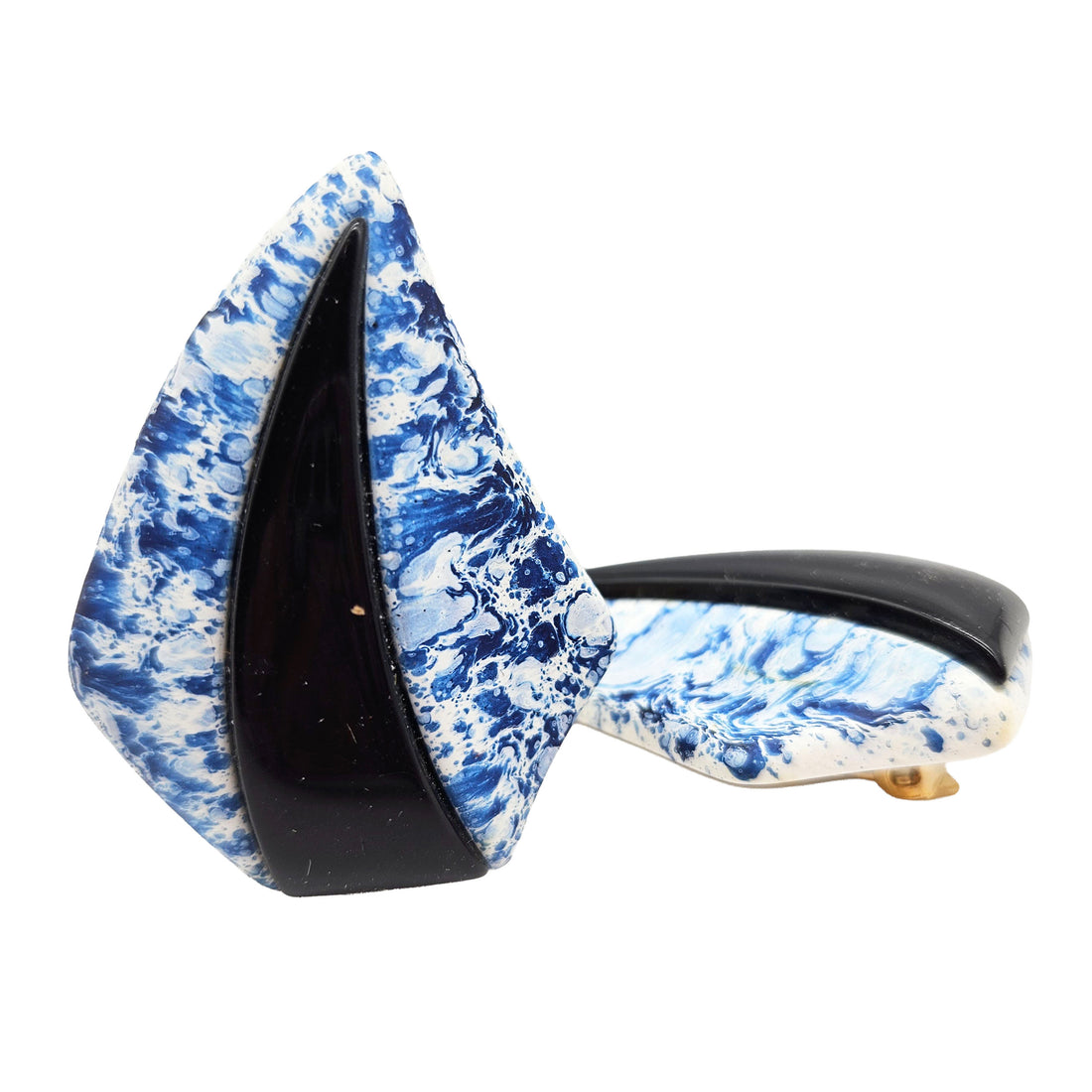 Black: Vintage Archives: Cobalt, Black, &amp; White Speckled Swoop Clip On Earrings