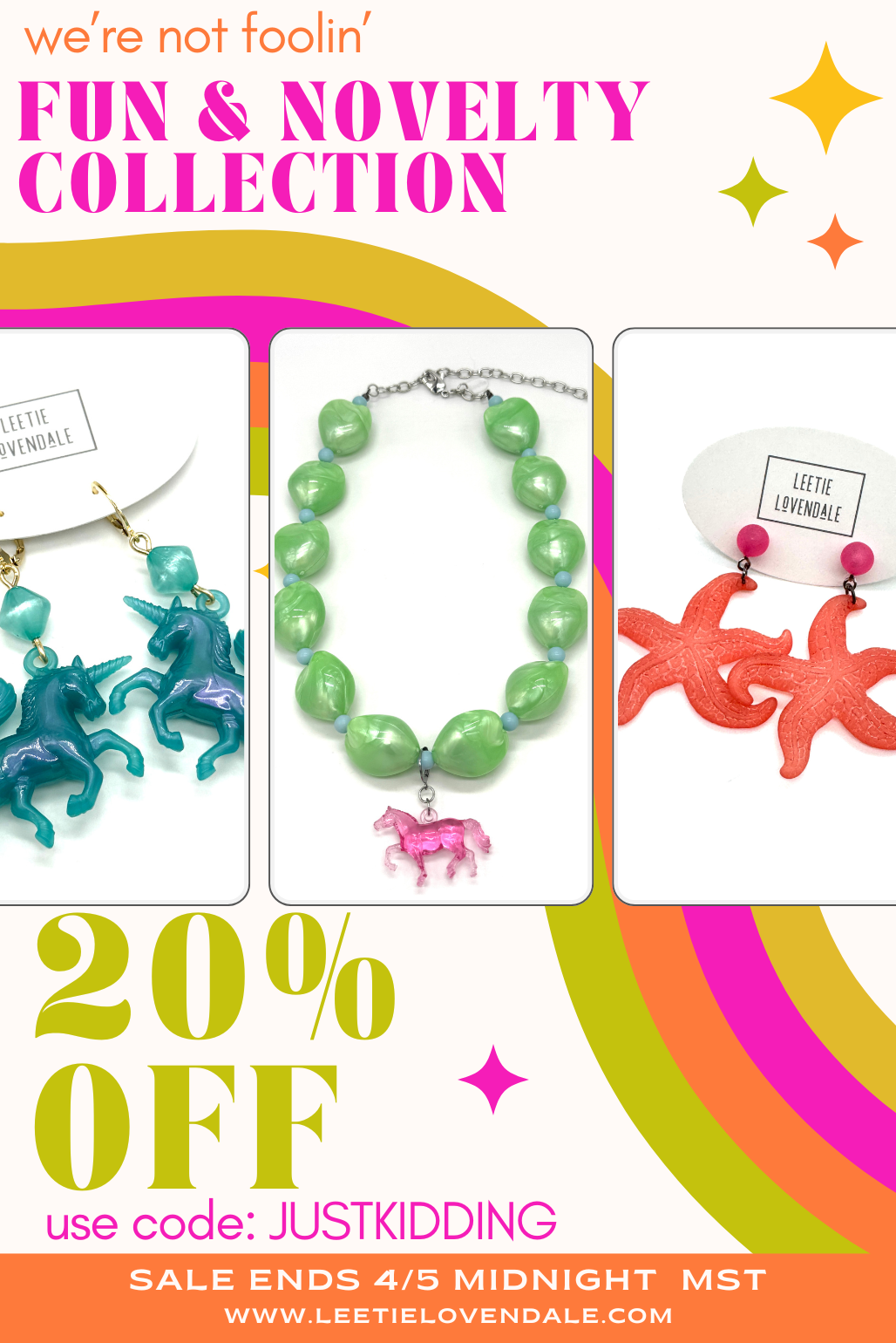 Promotional graphic for a 'Fun & Novelty Collection' with jewelry and text on a colorful background.