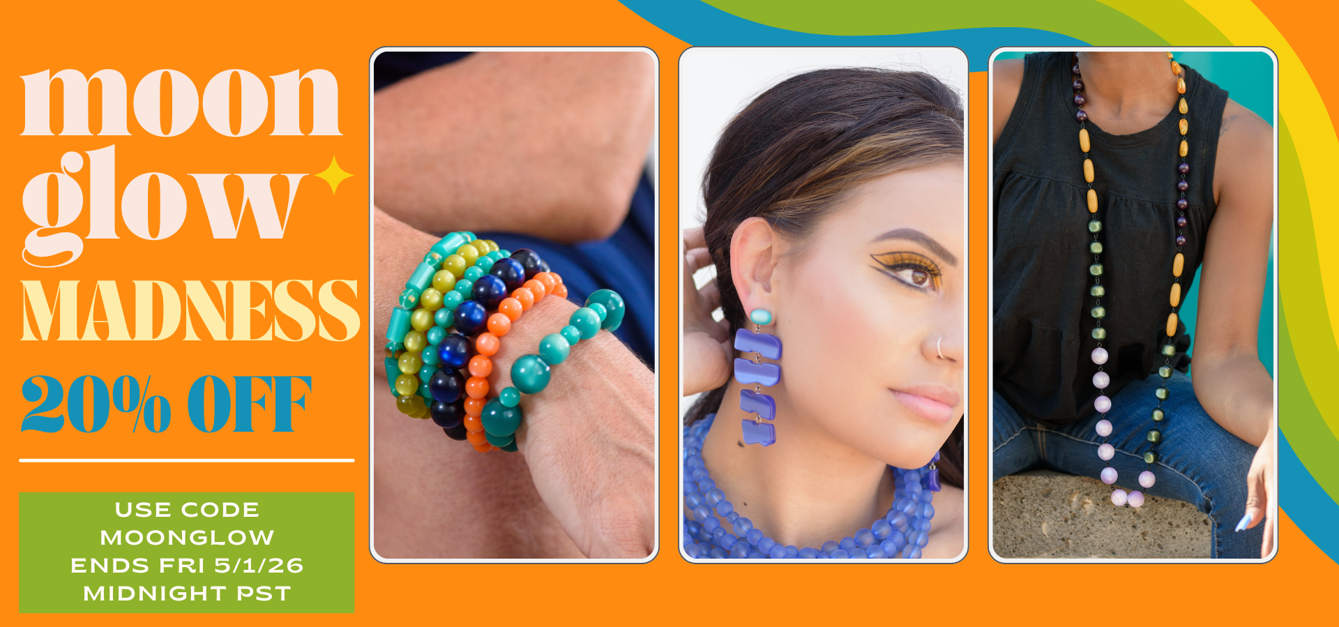 Promotional banner for 'moon glow MADNESS' with jewelry images and discount information.