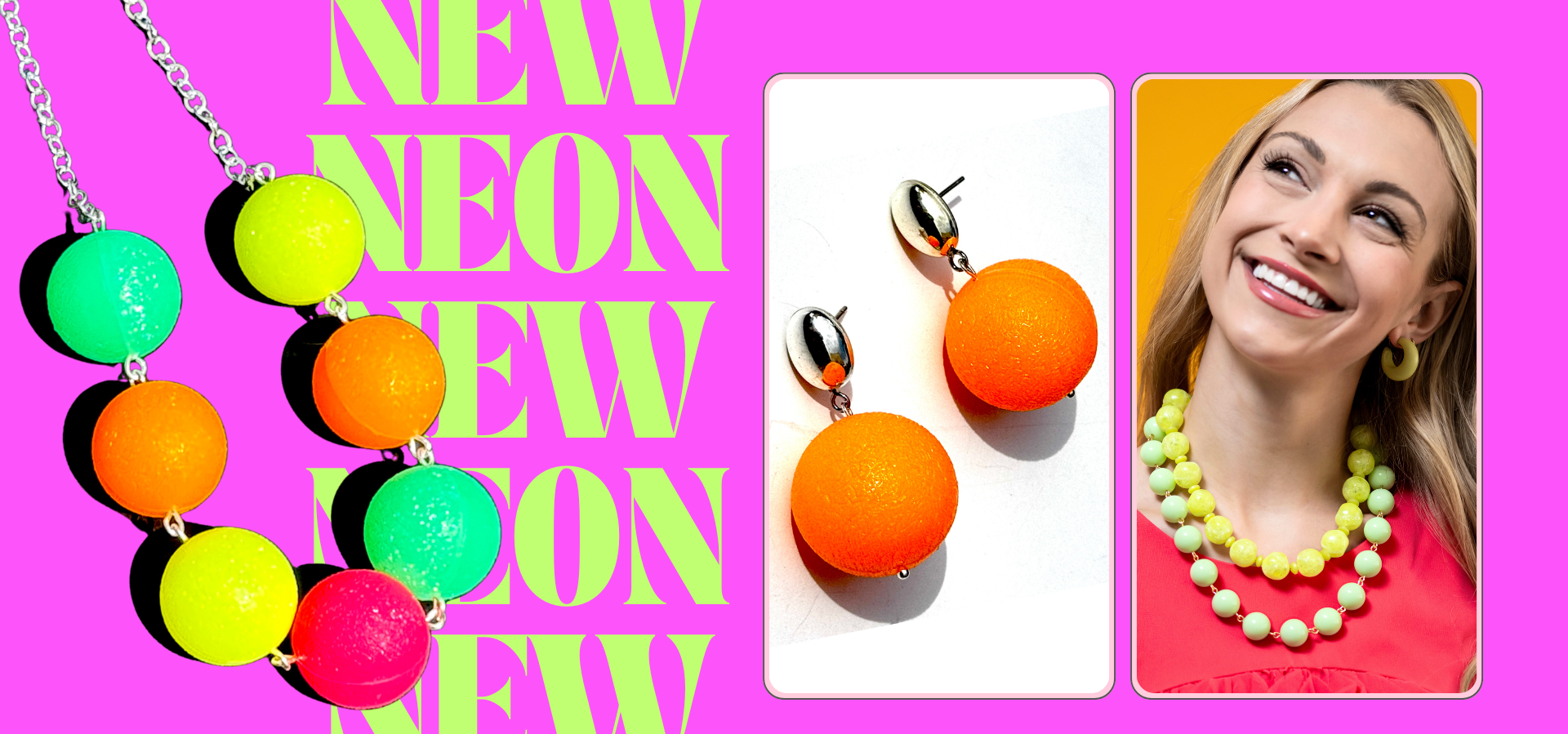 Neon jewelry set with necklace and earrings on a pink background with text.