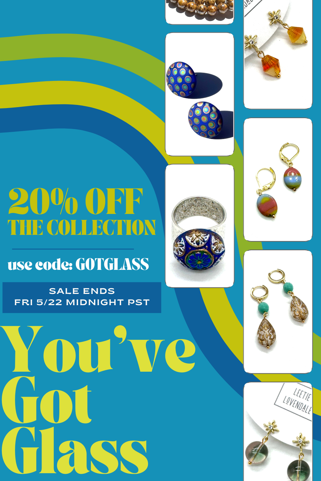 text "you've got glass" 20% off collection with images of rings and earrings