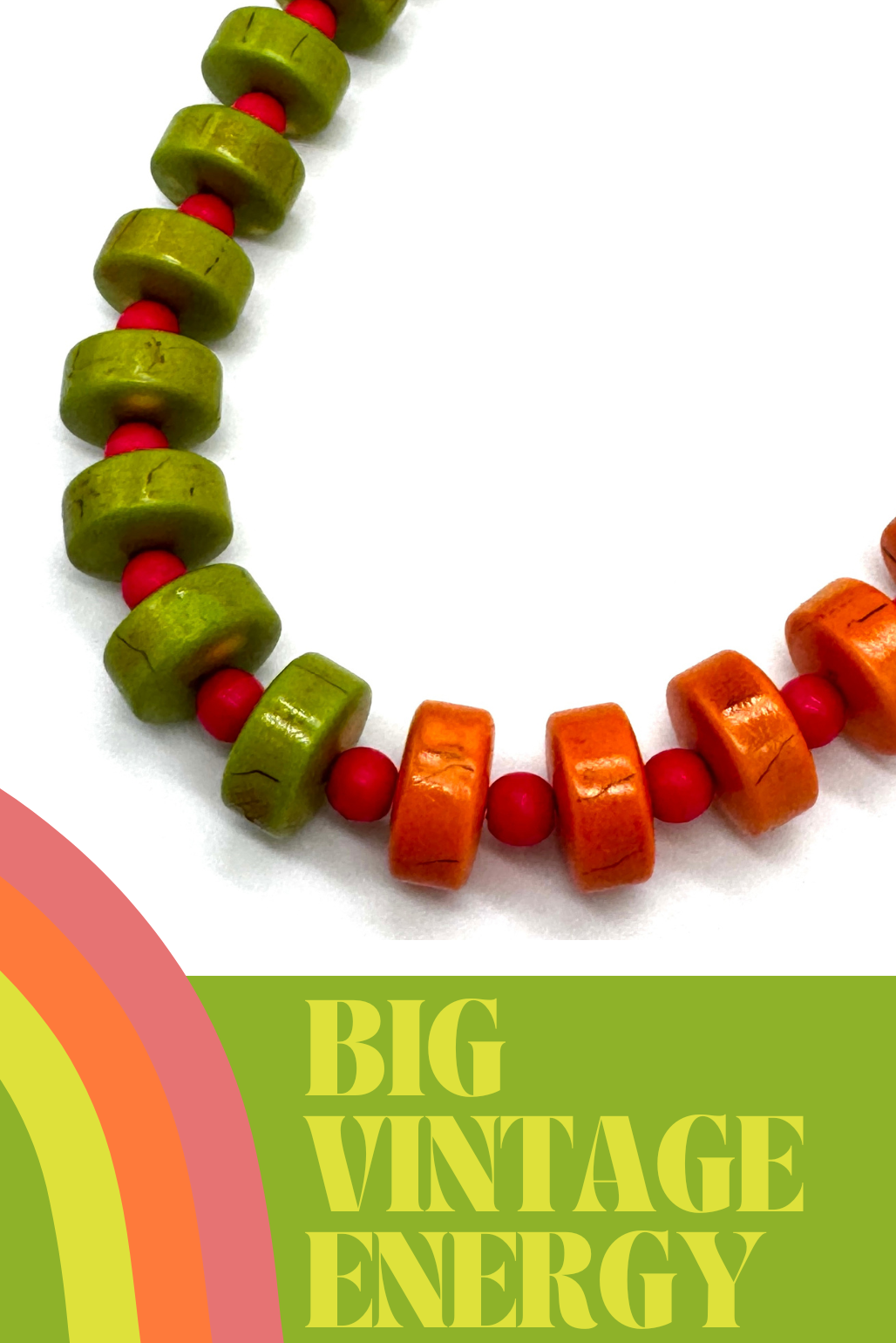 Colorful beaded necklace with 'Big Vintage Energy' text on a white background