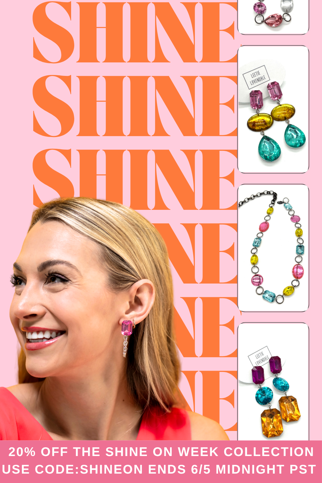 Woman wearing colorful jewelry with 'SHINE' text on a pink background