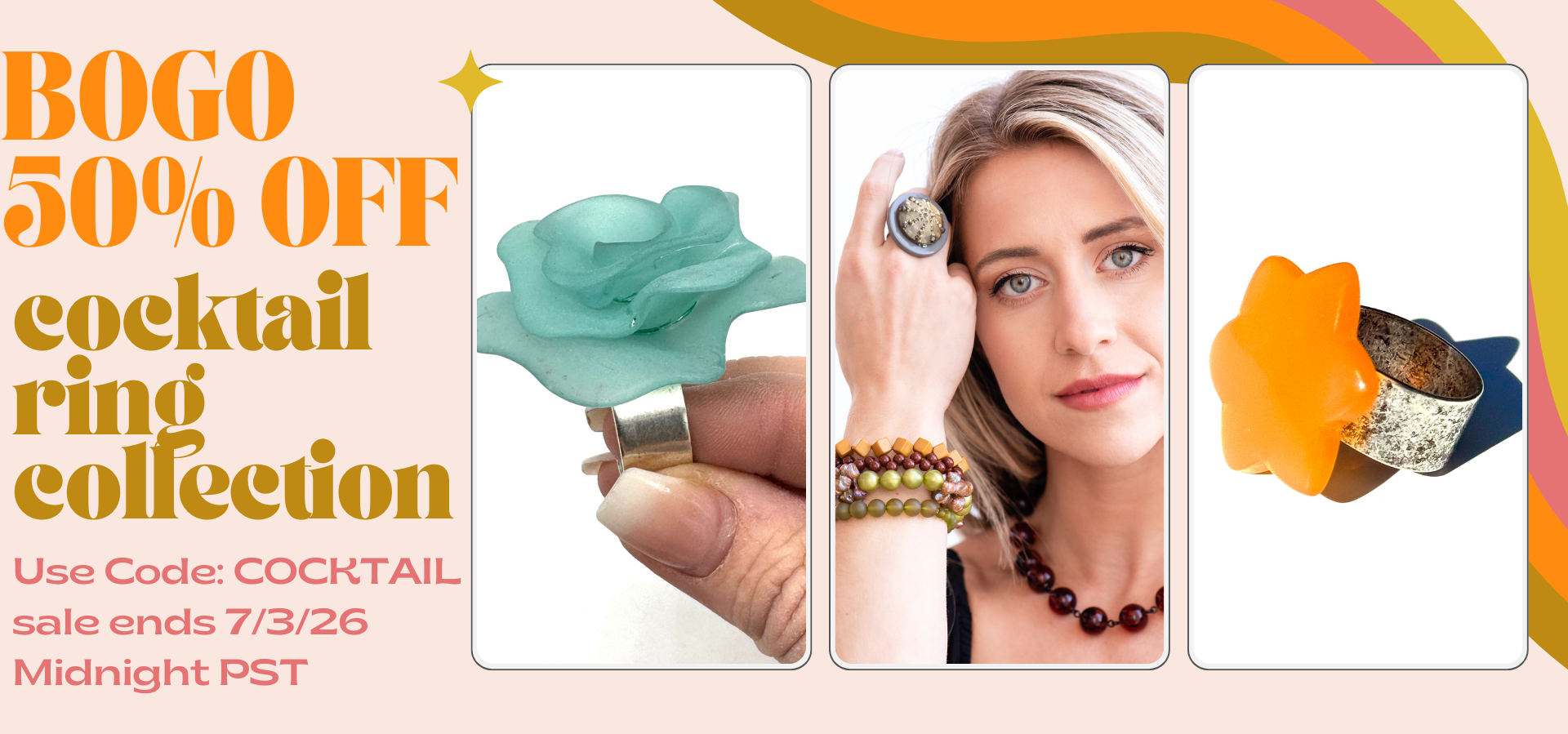 Promotional banner for cocktail ring collection with text and images of rings.