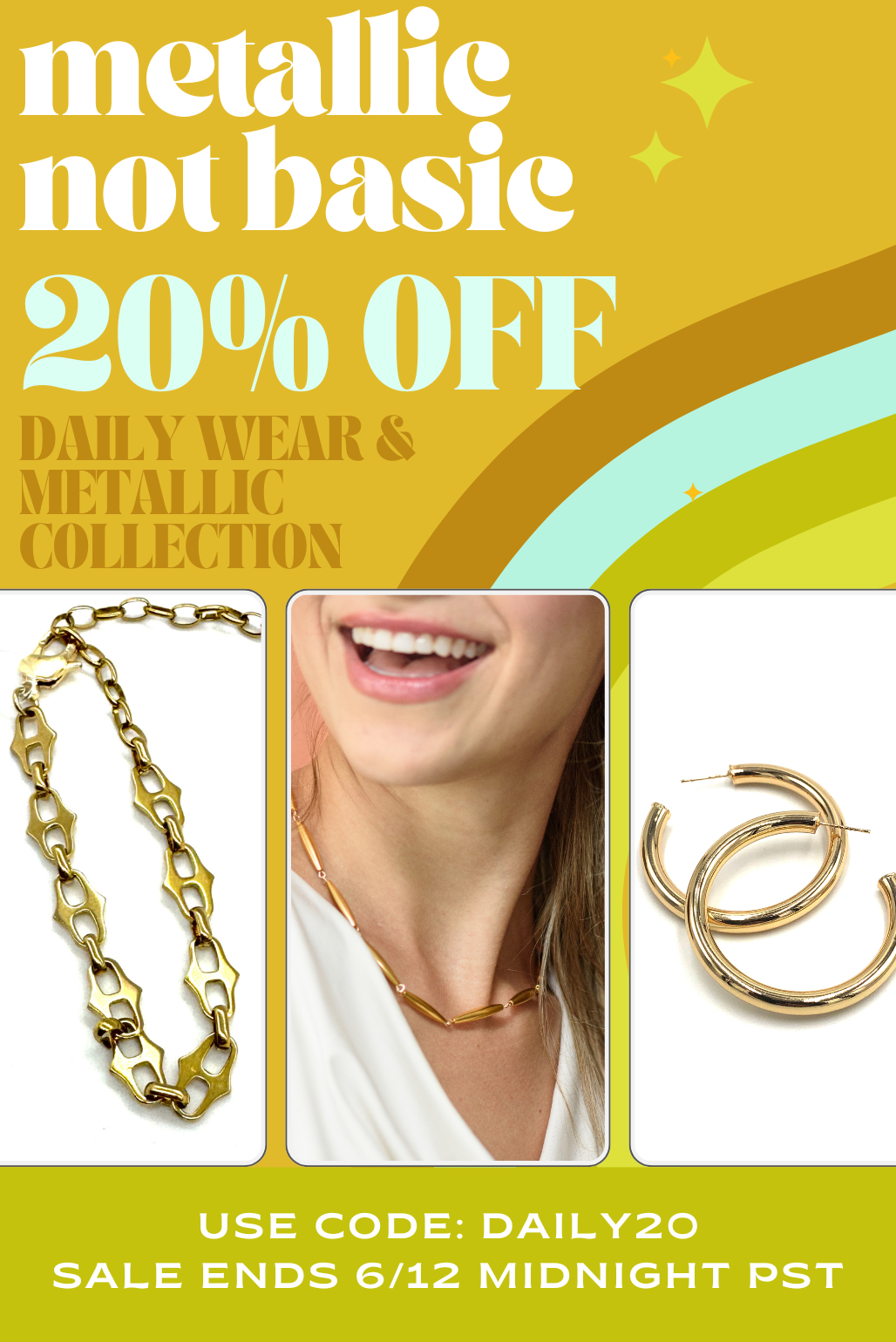 Promotional advertisement for a jewelry sale with a woman wearing gold jewelry and text about a 20% off offer.
