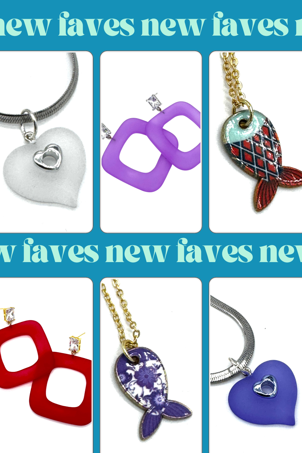 A collage of six different jewelry items, including necklaces and earrings, arranged in a grid on a teal background with white borders. The items include a white heart pendant, purple square earrings, a red and blue fish pendant, red square earrings, a purple fish pendant, and a blue heart pendant.