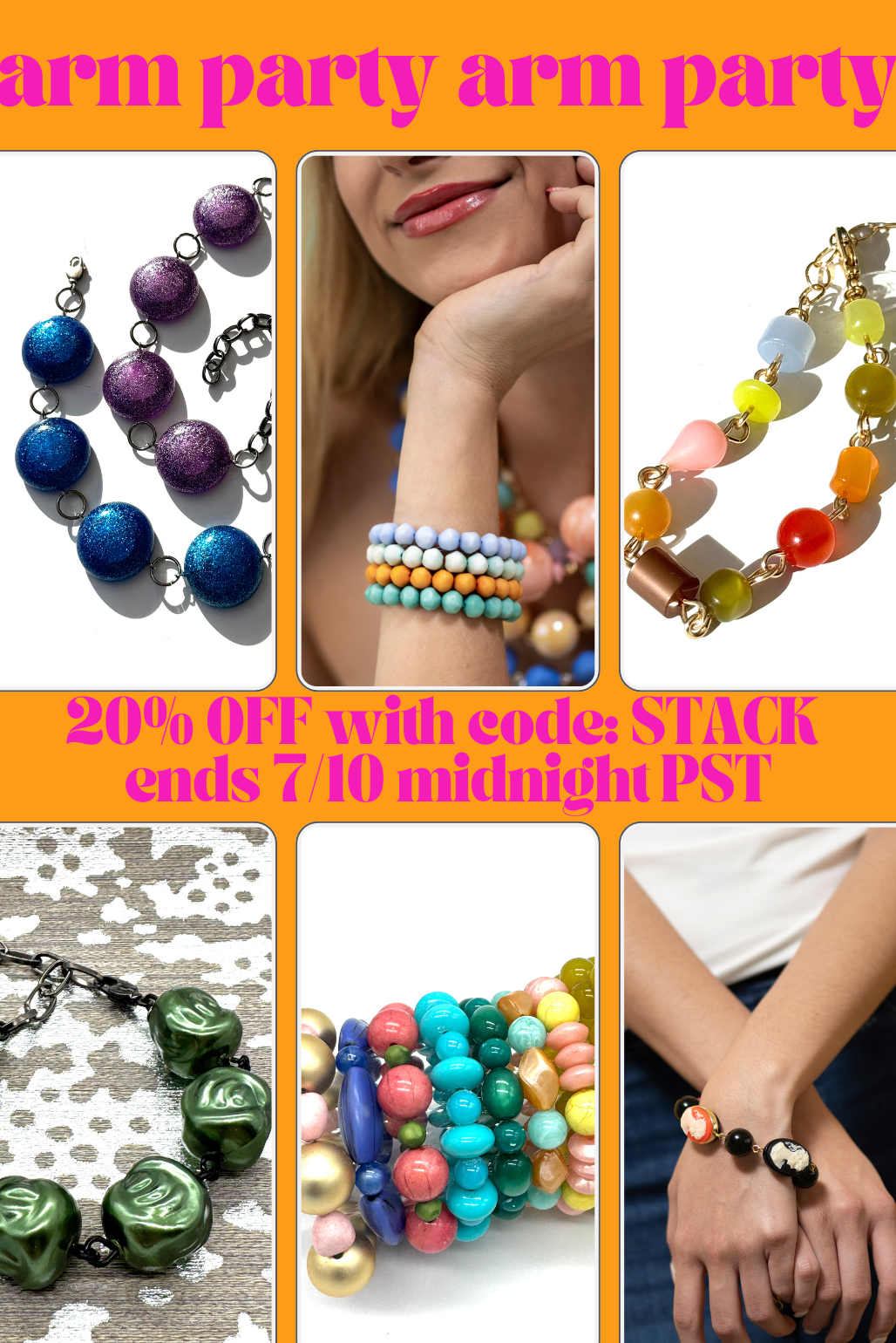 PHOTO OF BRACELETS WITH CAPTION ARM PARTY AND 20% OFF SALE DETAILS