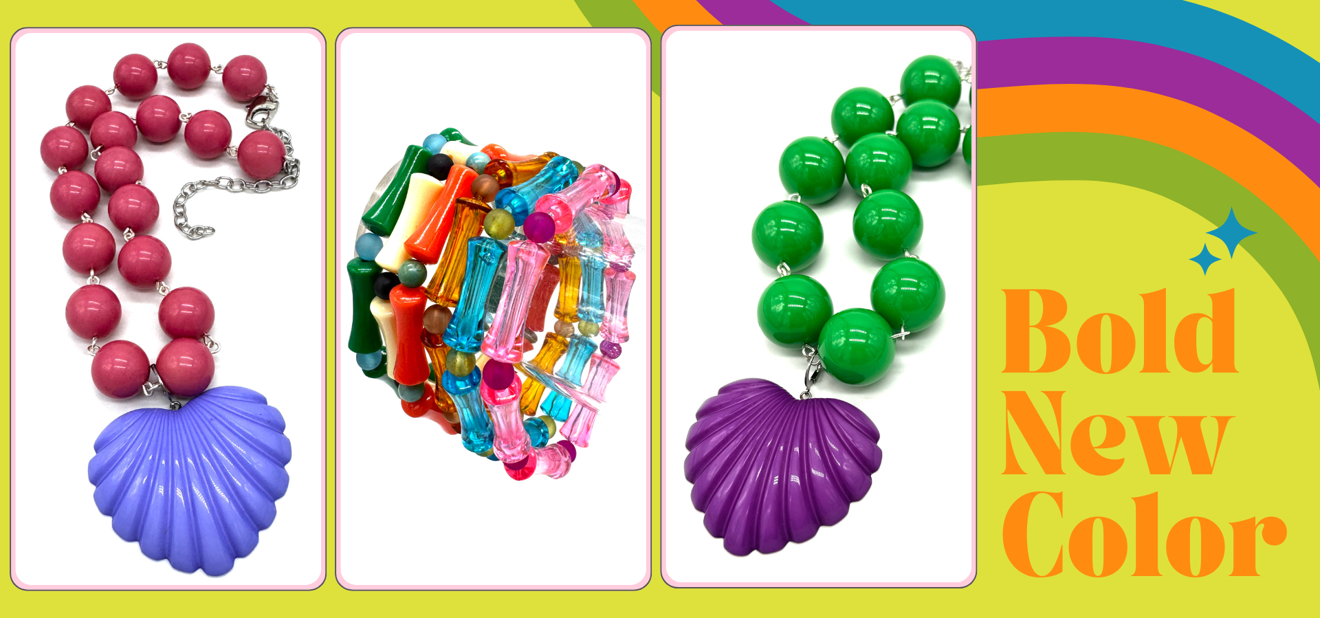 Three colorful jewelry pieces displayed on white panels against a bright yellow background with rainbow graphics and the text 'Bold New Color.' The left item is a pink beaded necklace with a purple shell pendant.