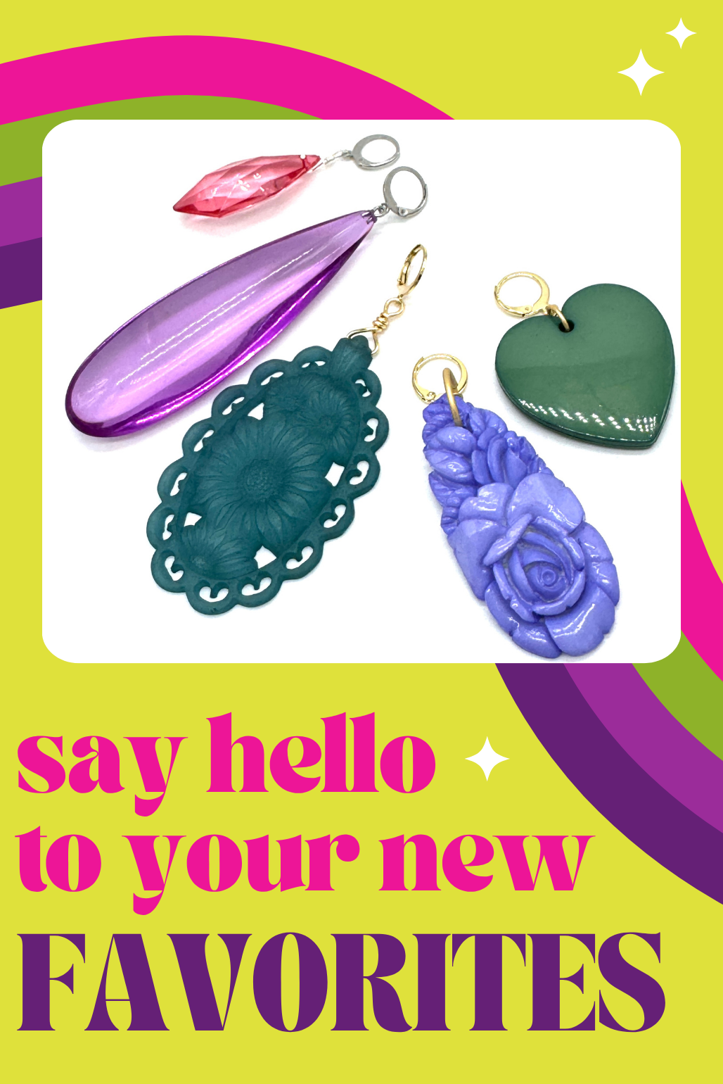 promotional image "say hello to your new favorites" with brightly colored charms