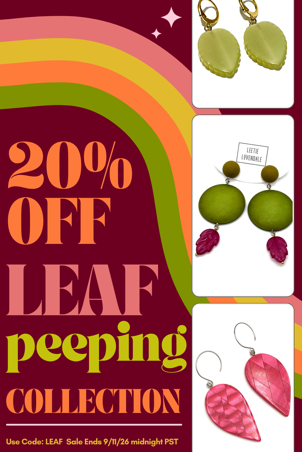 promotional image for leaf peeping 20% off sale with earring photos in fall colors