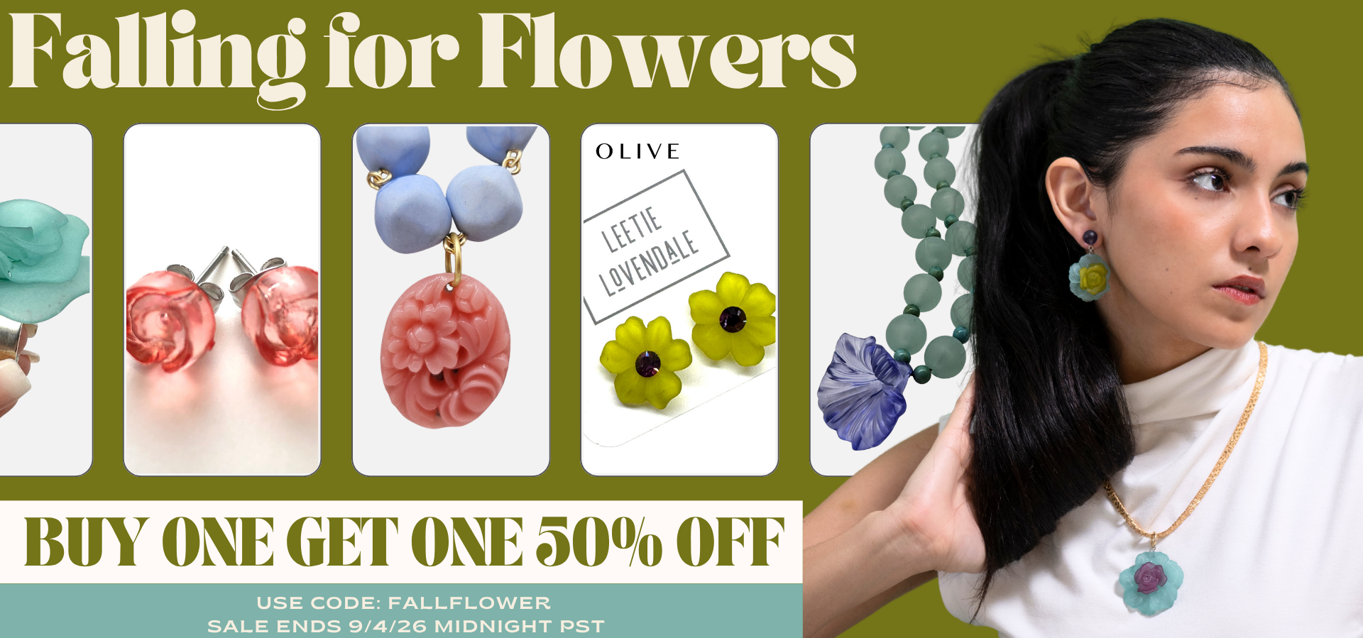 Promotional banner for 'Falling for Flowers' featuring a woman on the right wearing colorful earrings and a necklace, alongside five product images of floral-themed jewelry on the left. Text offers a 'BUY ONE GET ONE 50% OFF' with a sale code.