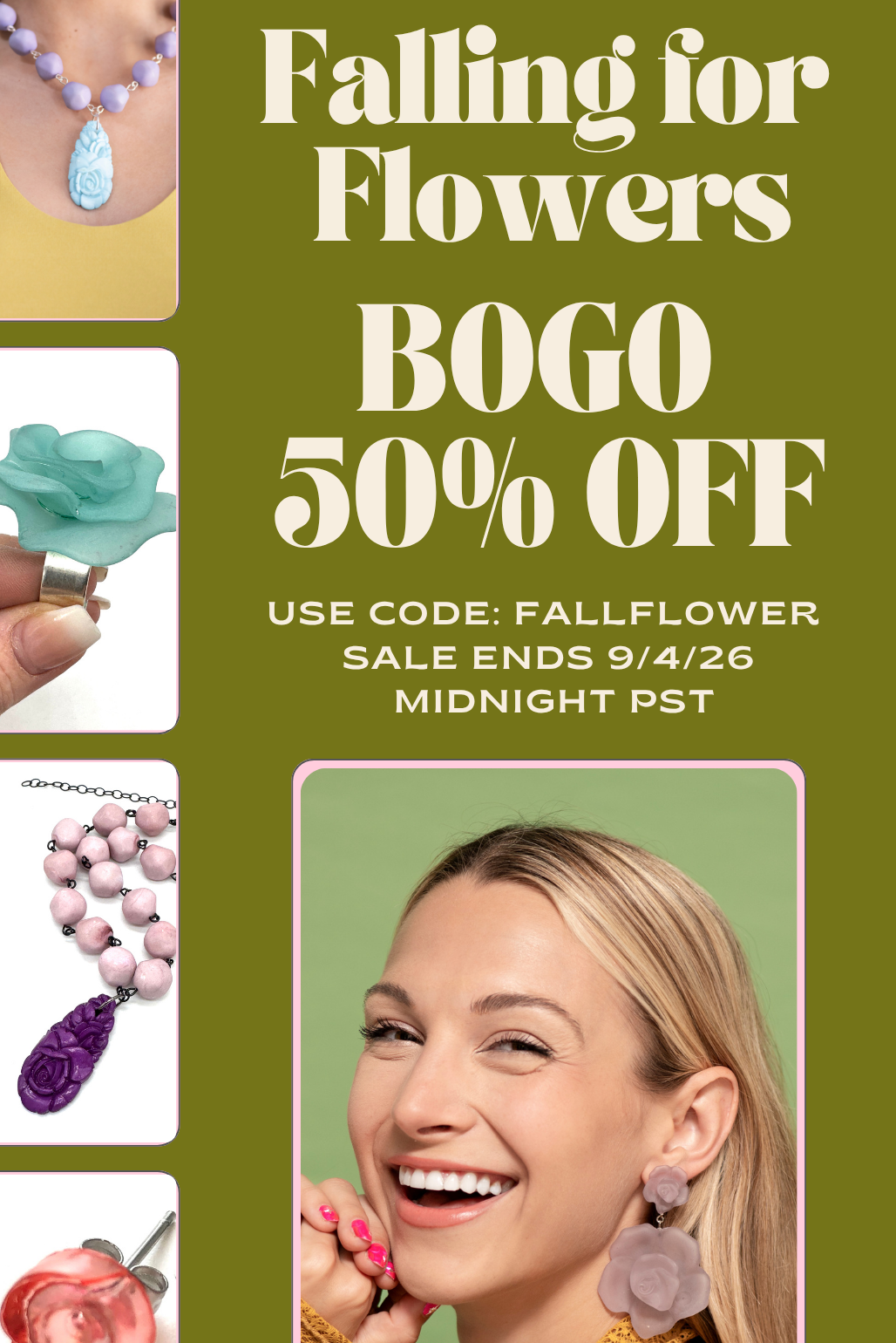 Promotional banner for 'Falling for Flowers' featuring a woman on the right wearing colorful earrings and a necklace, alongside five product images of floral-themed jewelry on the left. Text offers a 'BUY ONE GET ONE 50% OFF' with a sale code.