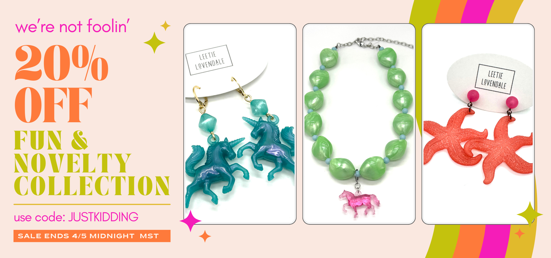 Jewelry set with promotional text for a sale on a colorful background