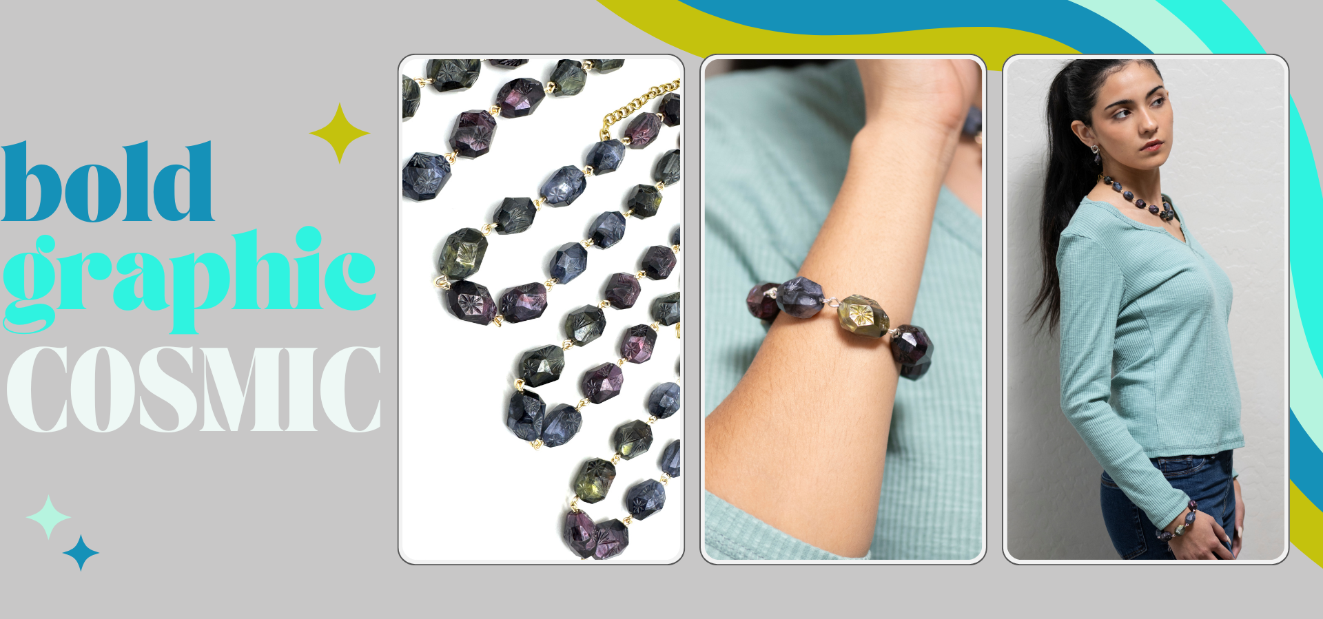 Bracelet with beads displayed on a card, worn on wrist, and on a person wearing a light blue sweater.