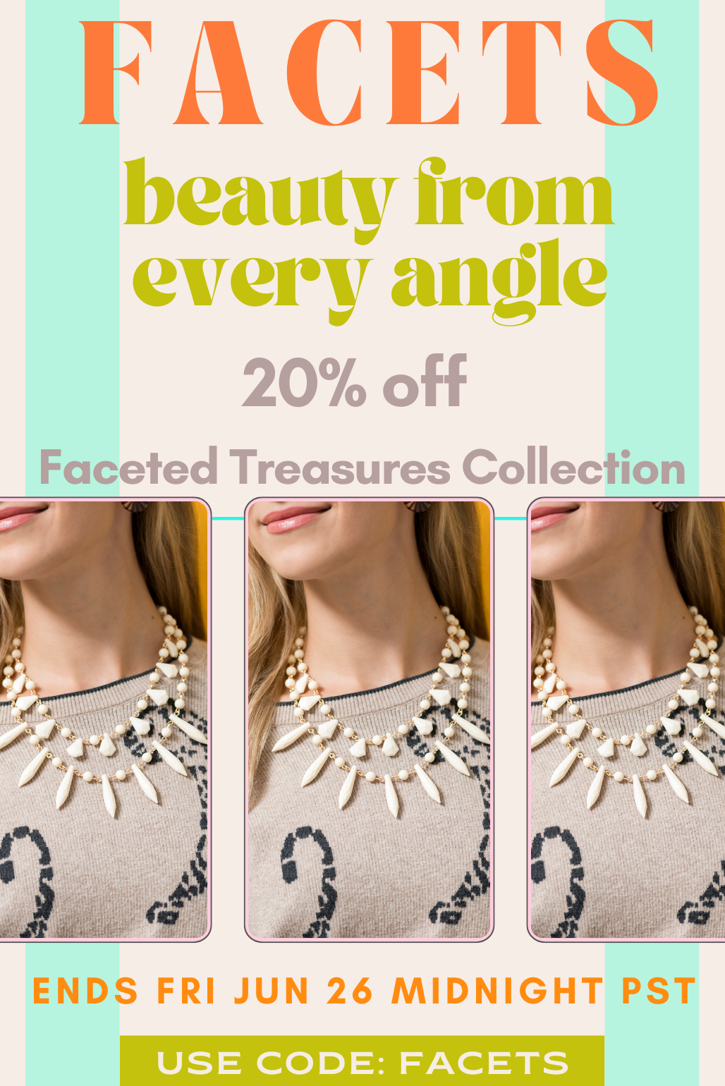 Advertisement for 'Facets' jewelry collection with a necklace on a light background
