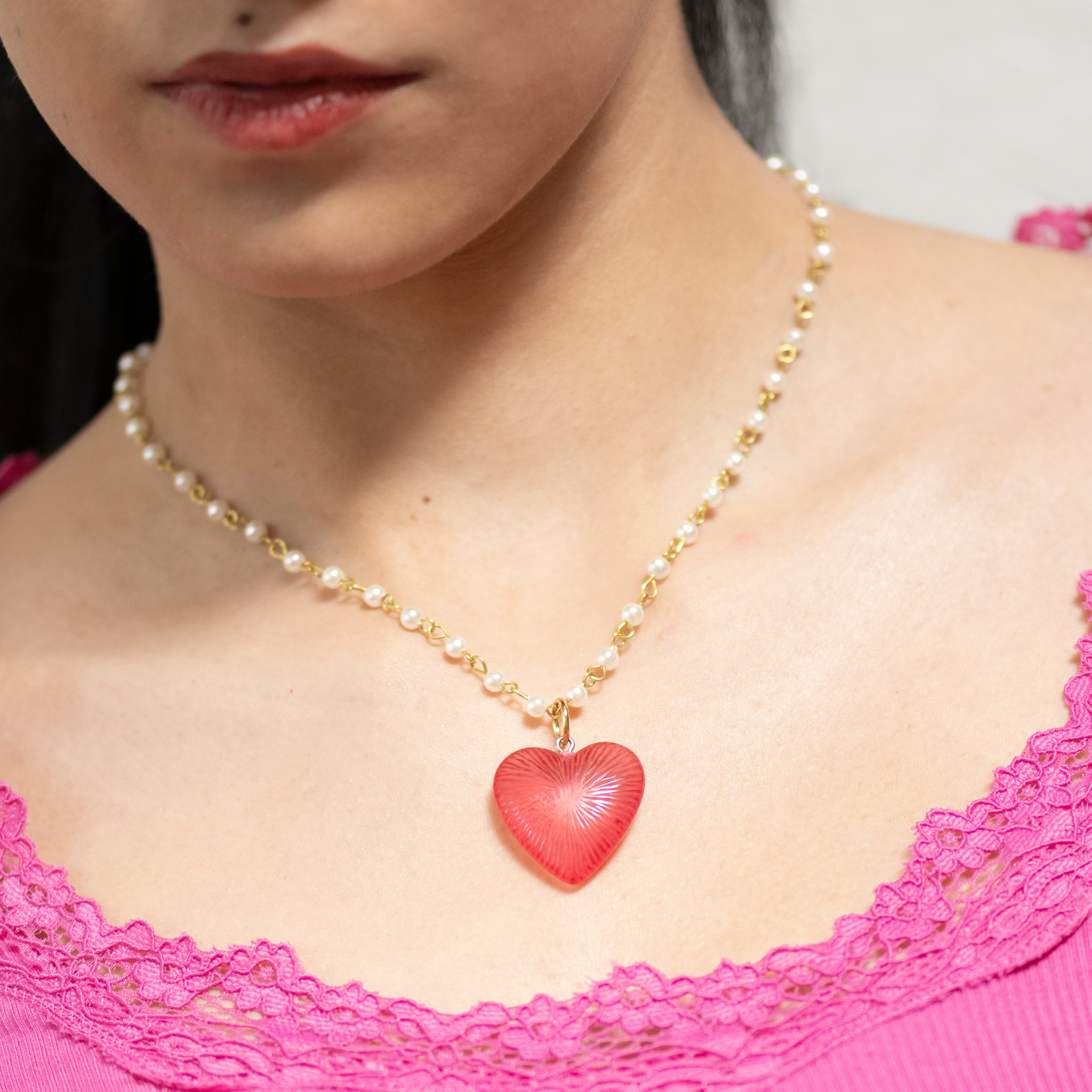 Radiant Puff Heart Necklace on Pearls