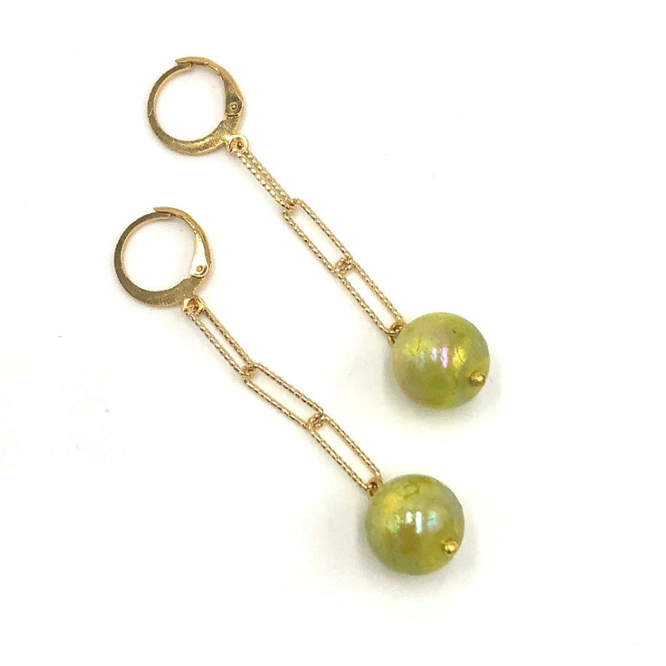 chartreuse bead with gold chain earring
