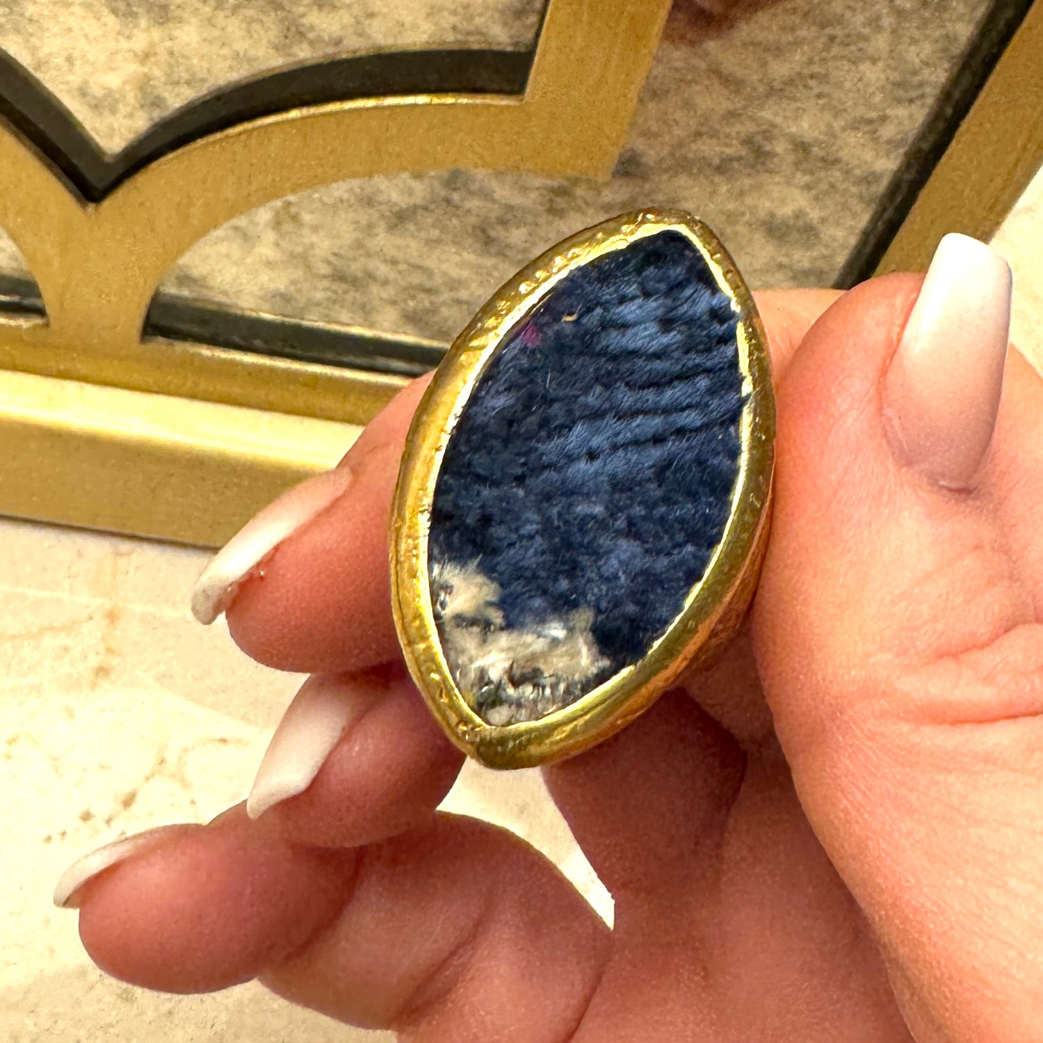 Navy &amp; White Stripe Turkish Gold Ring