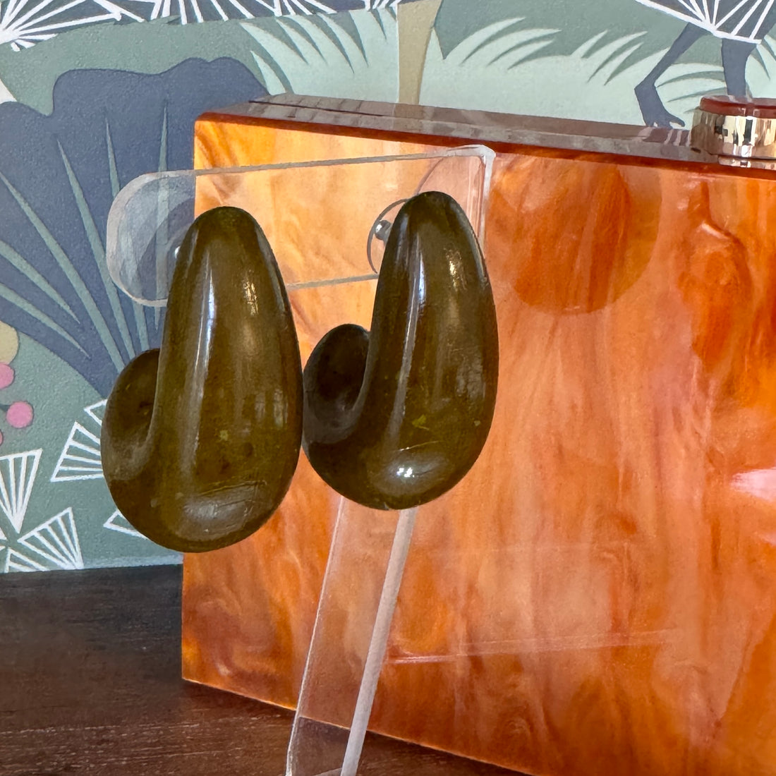 Chunky Deep Jade Speckled Hoop Stud Earrings