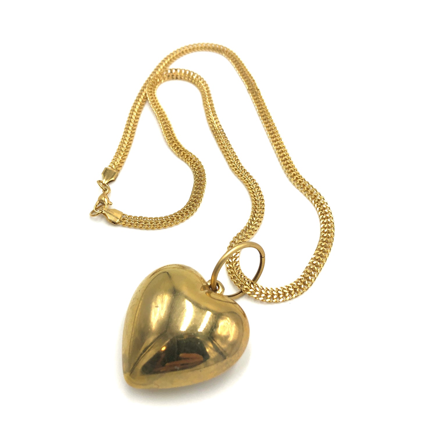 *RARE* Vintage Brass Puff Jumbo Heart &amp; Mesh Chain Necklace