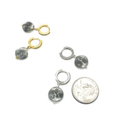 Small silver hoop earrings with gray stones on a white background, shown with a quarter for scale.