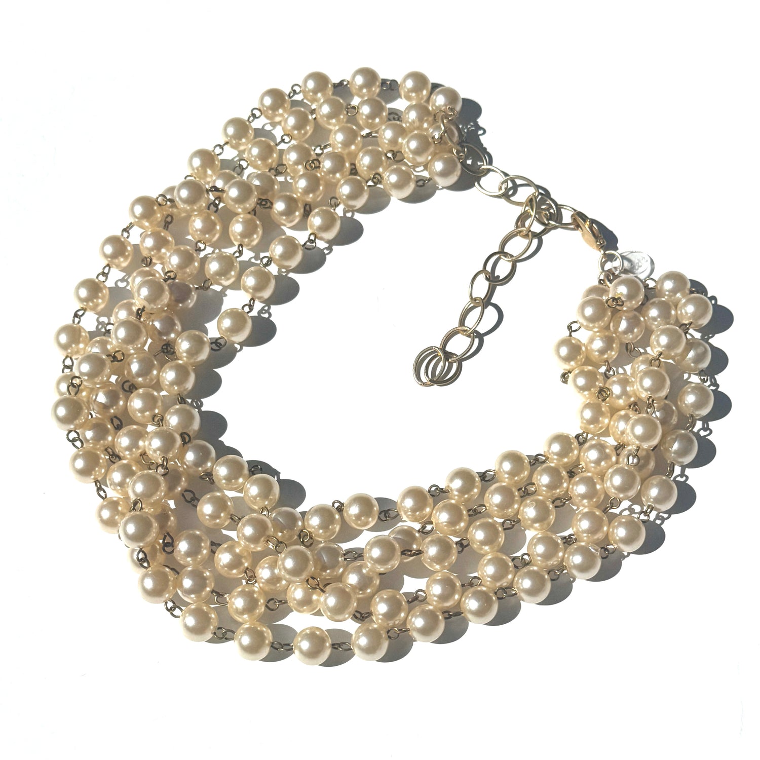 Multi-layered pearl necklace on a white background