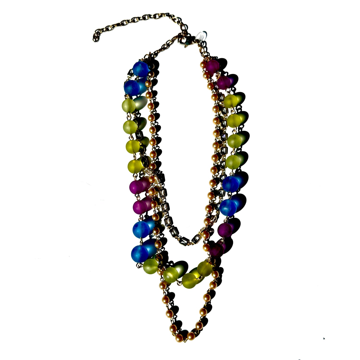 Multicolored beaded necklace on a white background