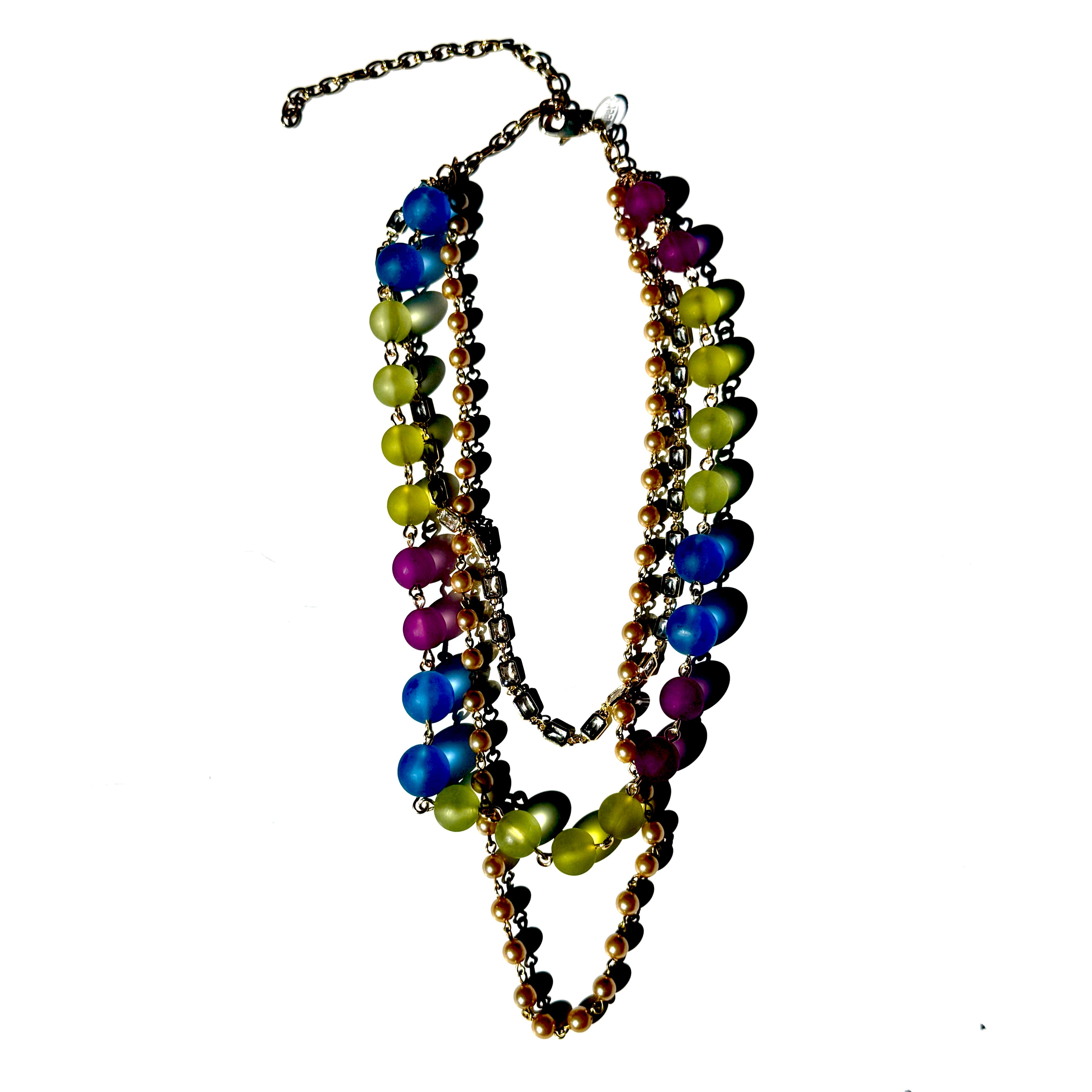 Multicolored beaded necklace on a white background
