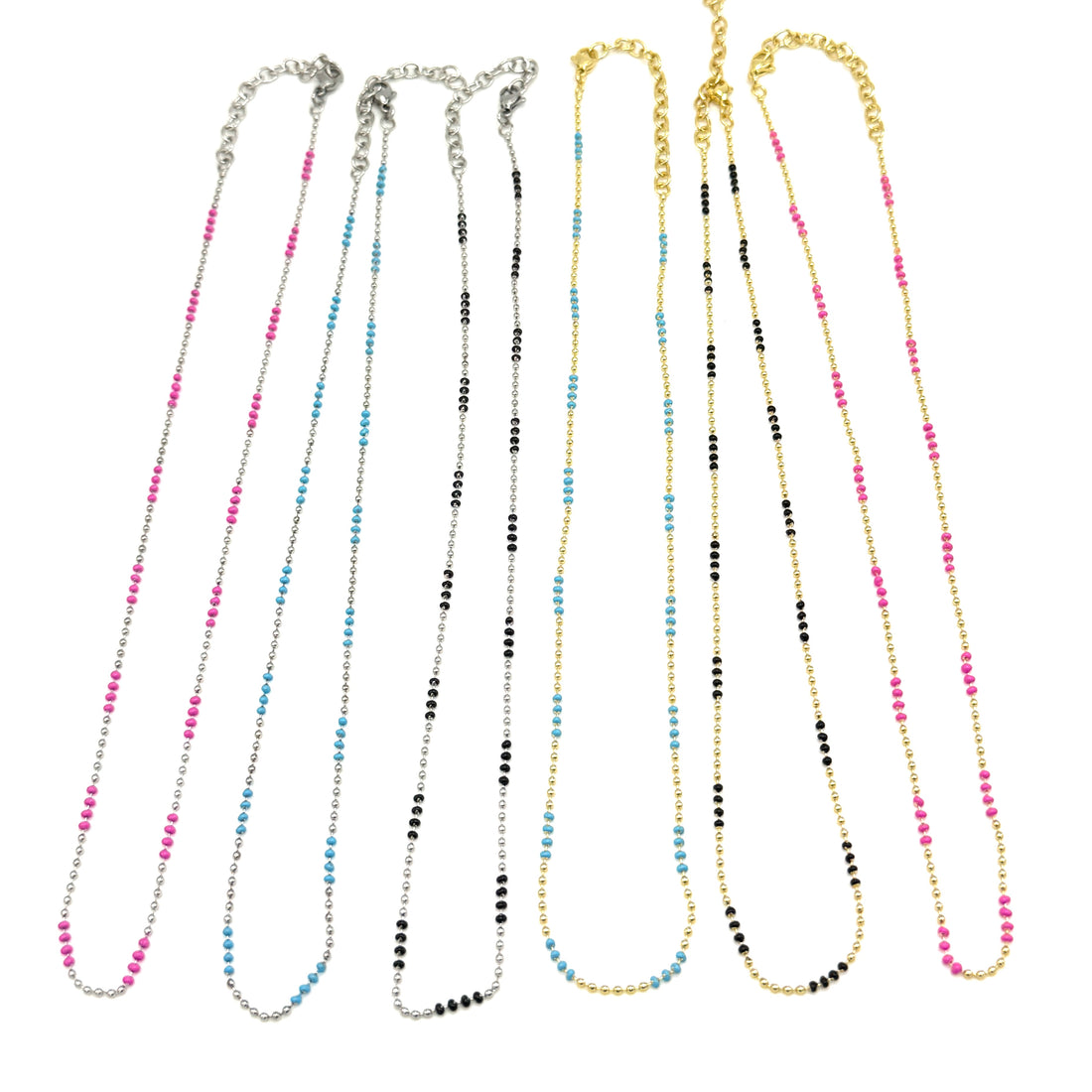 Set of 6 necklaces in different colors on a white background