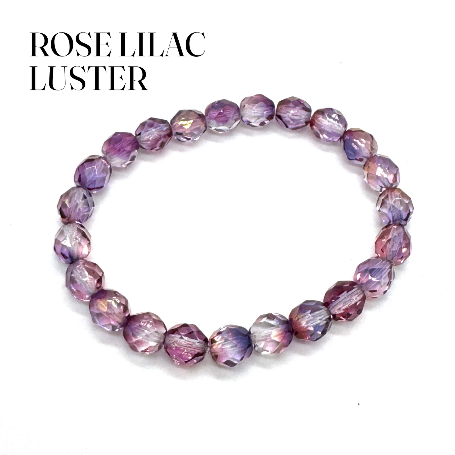 Rose lilac luster beaded bracelet on a white background with text &