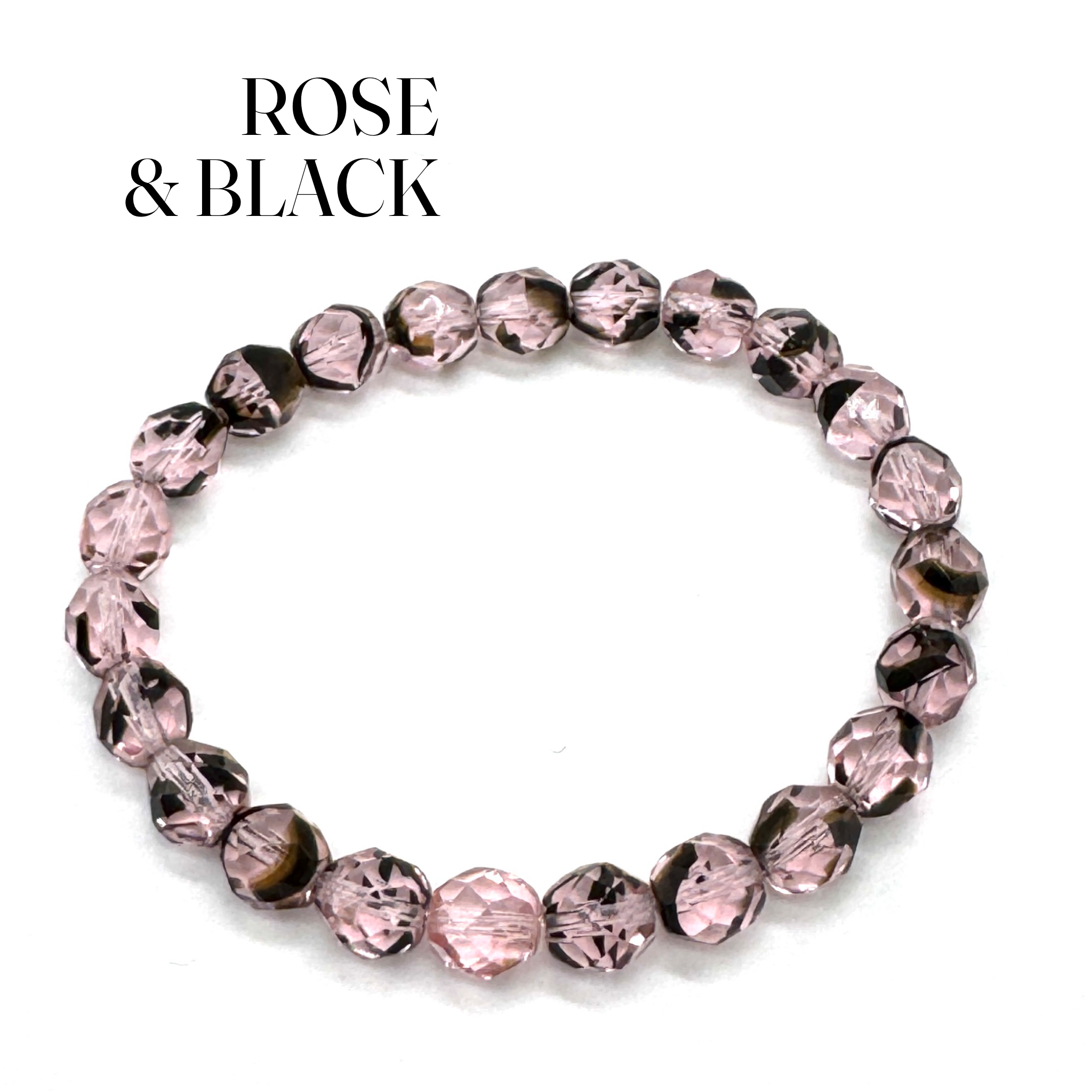 Rose and black beaded bracelet on a white background with &