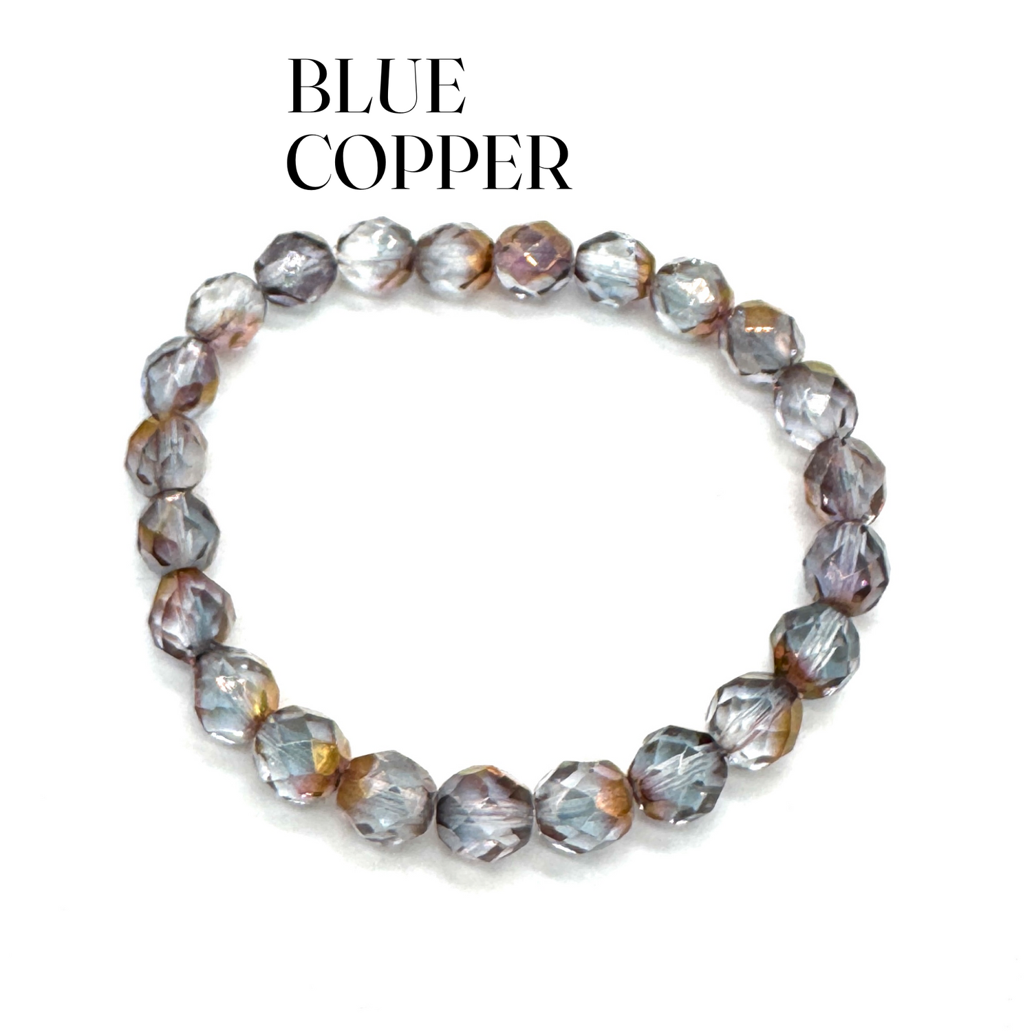 Blue copper beaded bracelet on a white background with &