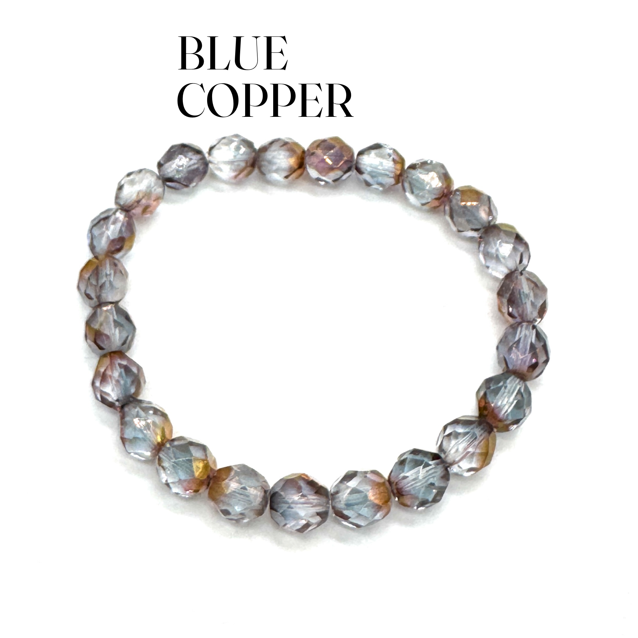 Blue copper beaded bracelet on a white background with &