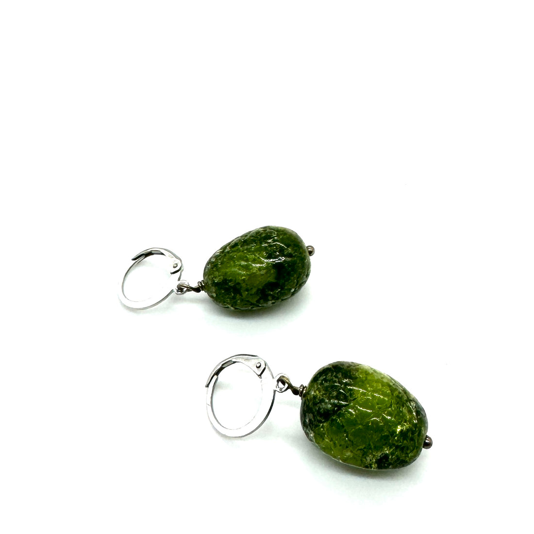 Deep Olive Green Crackle Textured Glass Earrings