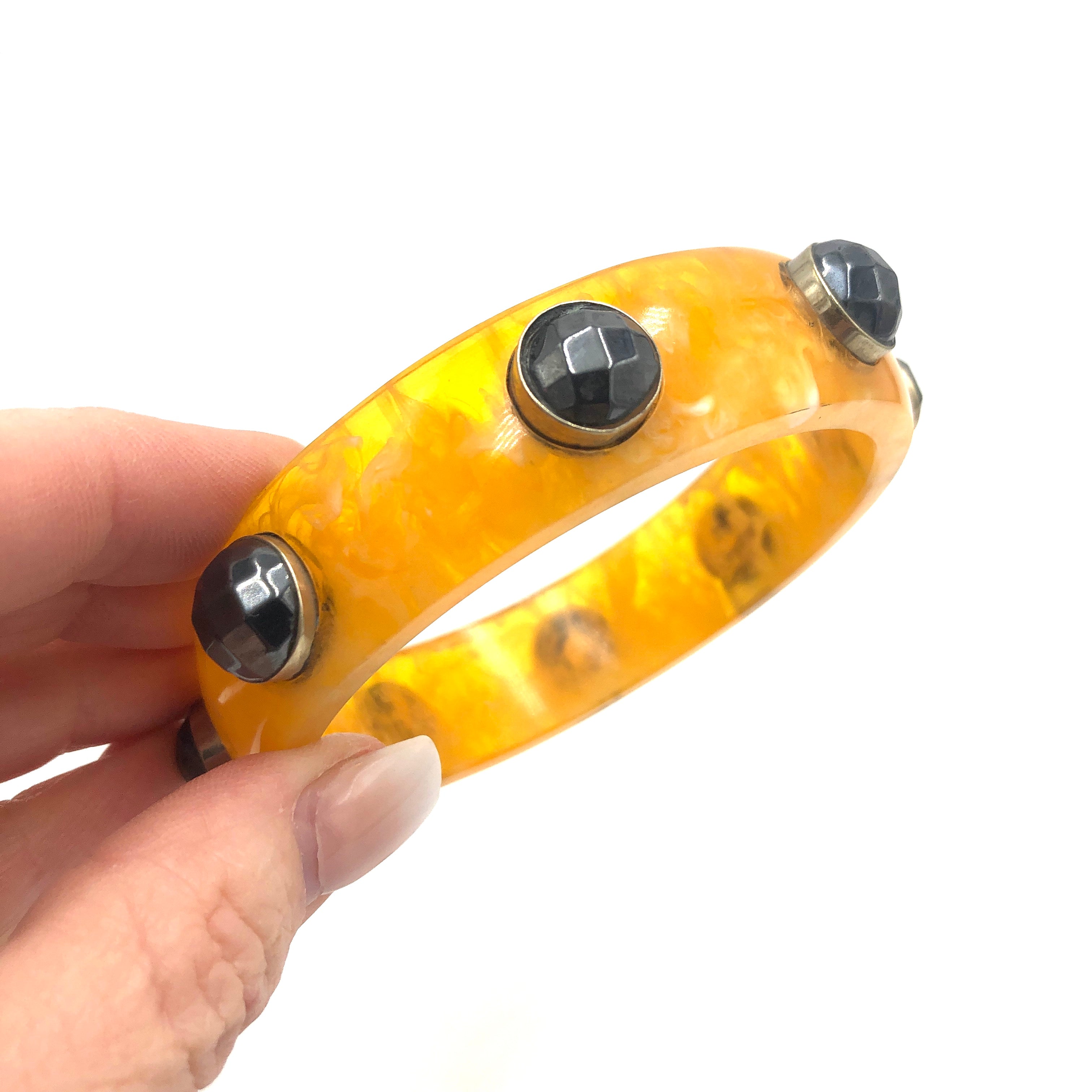 Amber &amp; Hematite Resin Bangle Bracelet - Midi - 8.25&quot;