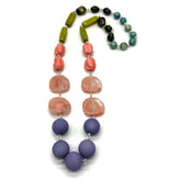 Necklace with multicolored beads on a white background