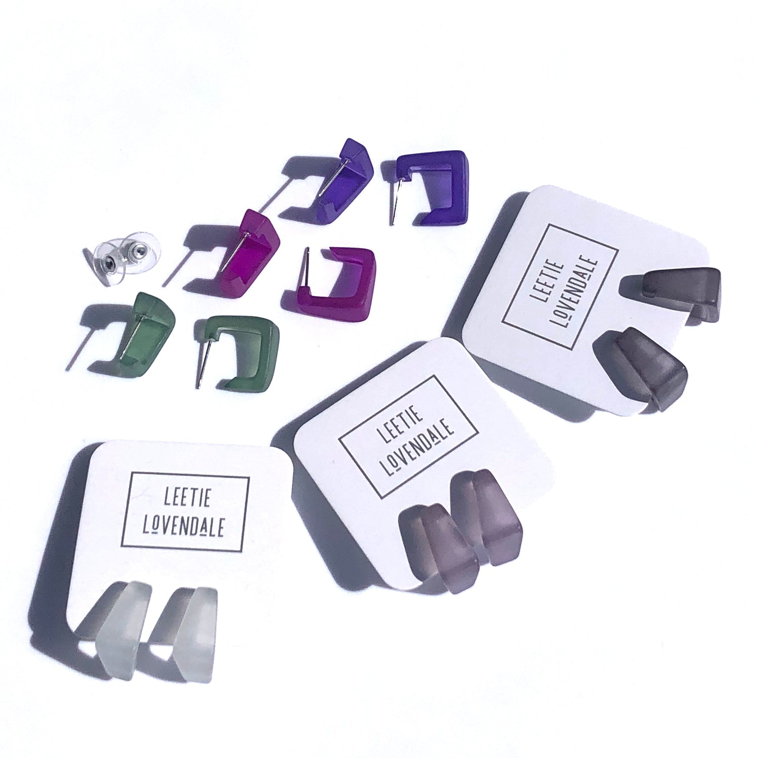 little square hoop earrings in greys and purples