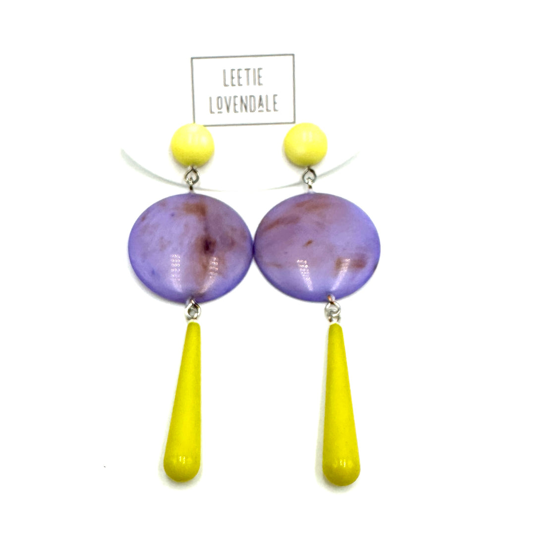 purple and yellow statement earrings