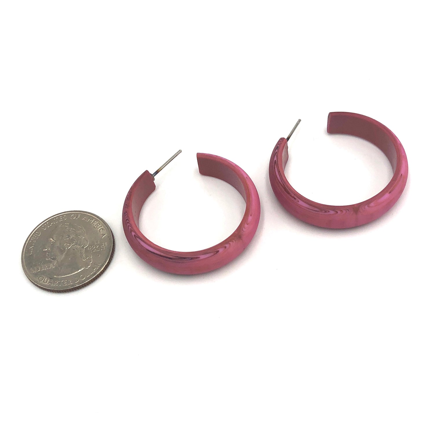 dusty marbled pink hoop earrings with quarter in picture to show size