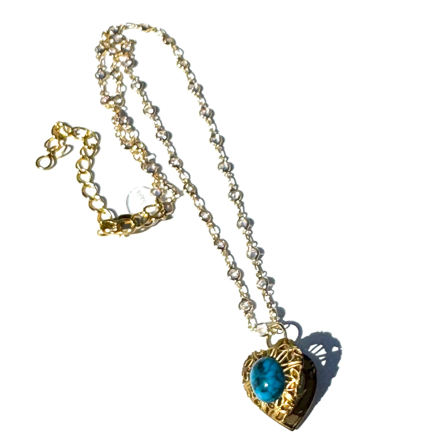 Turquoise Resin &amp; Filigree Heart Locket Necklace - Shortie