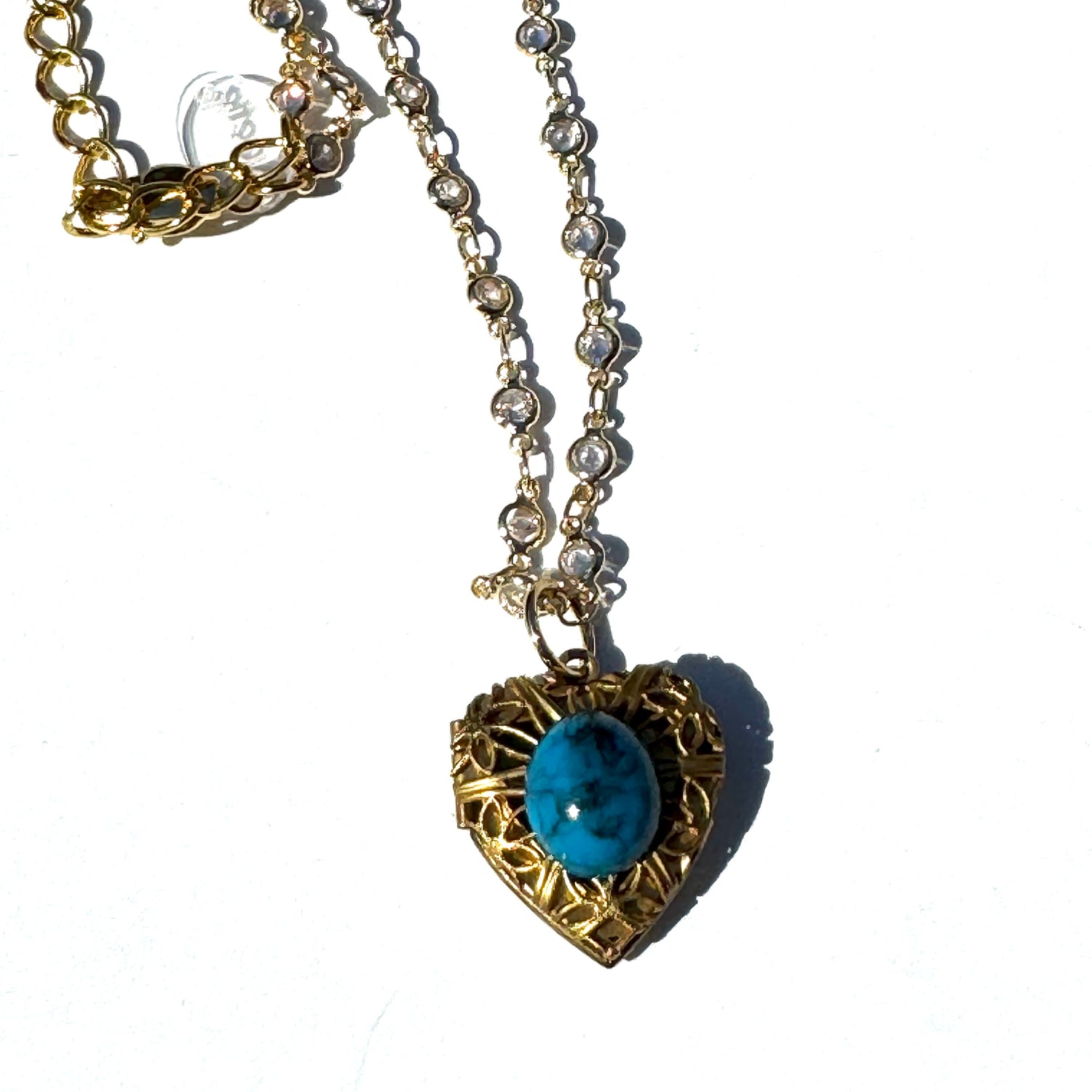Turquoise Resin &amp; Filigree Heart Locket Necklace - Shortie
