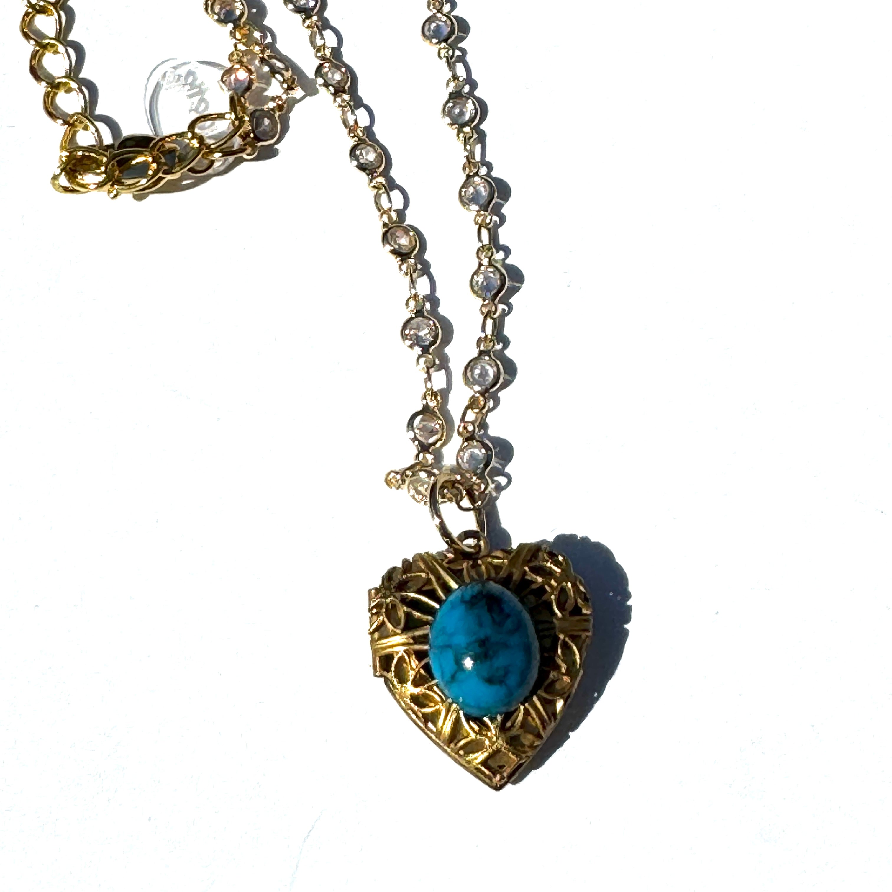 Turquoise Resin &amp; Filigree Heart Locket Necklace - Shortie