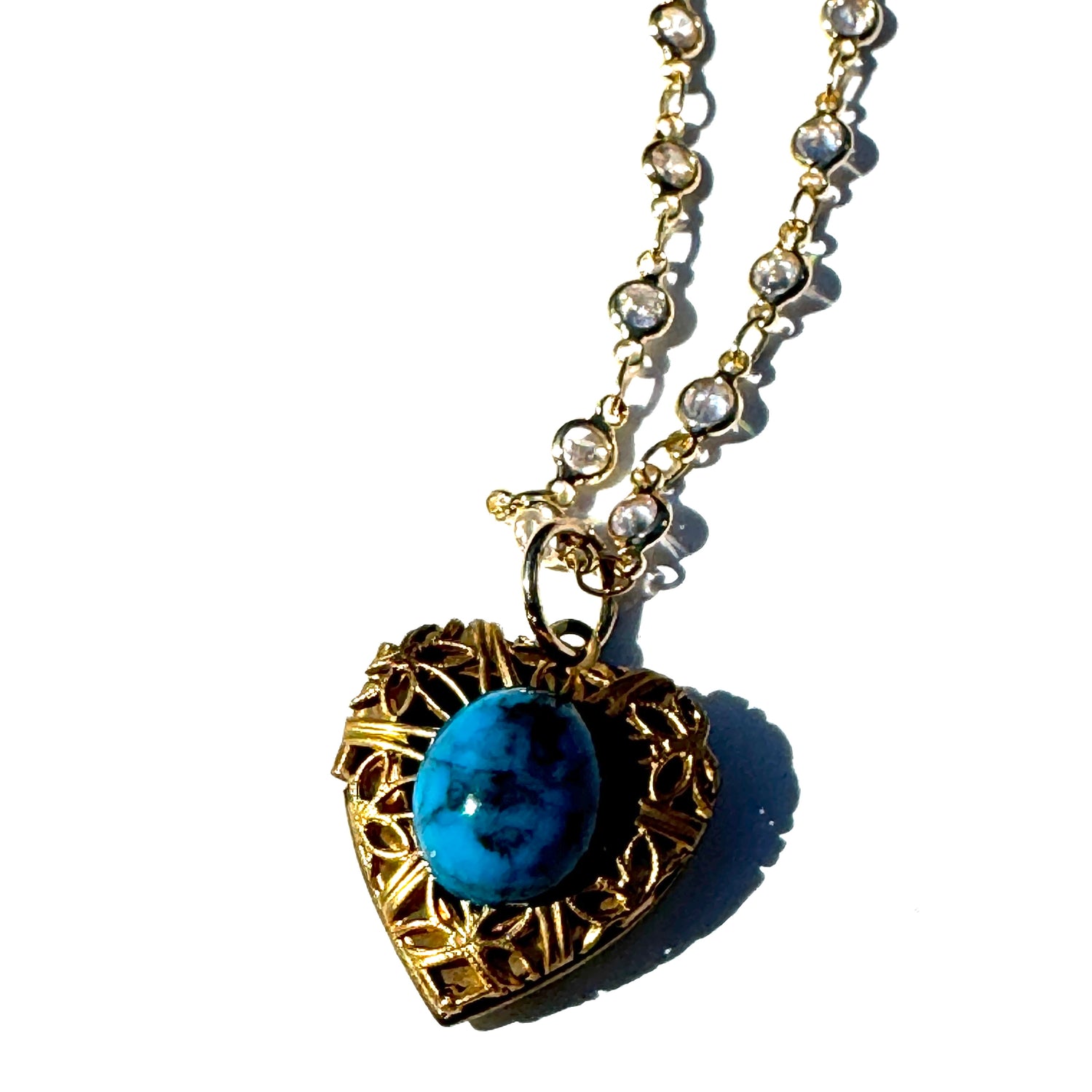 Turquoise Resin &amp; Filigree Heart Locket Necklace - Shortie