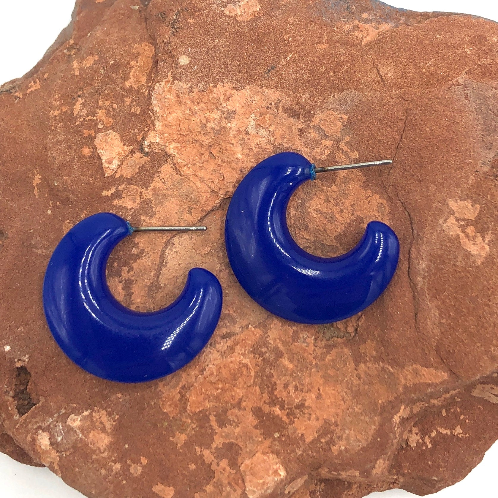 deep blue flat hoop earrings of natural background