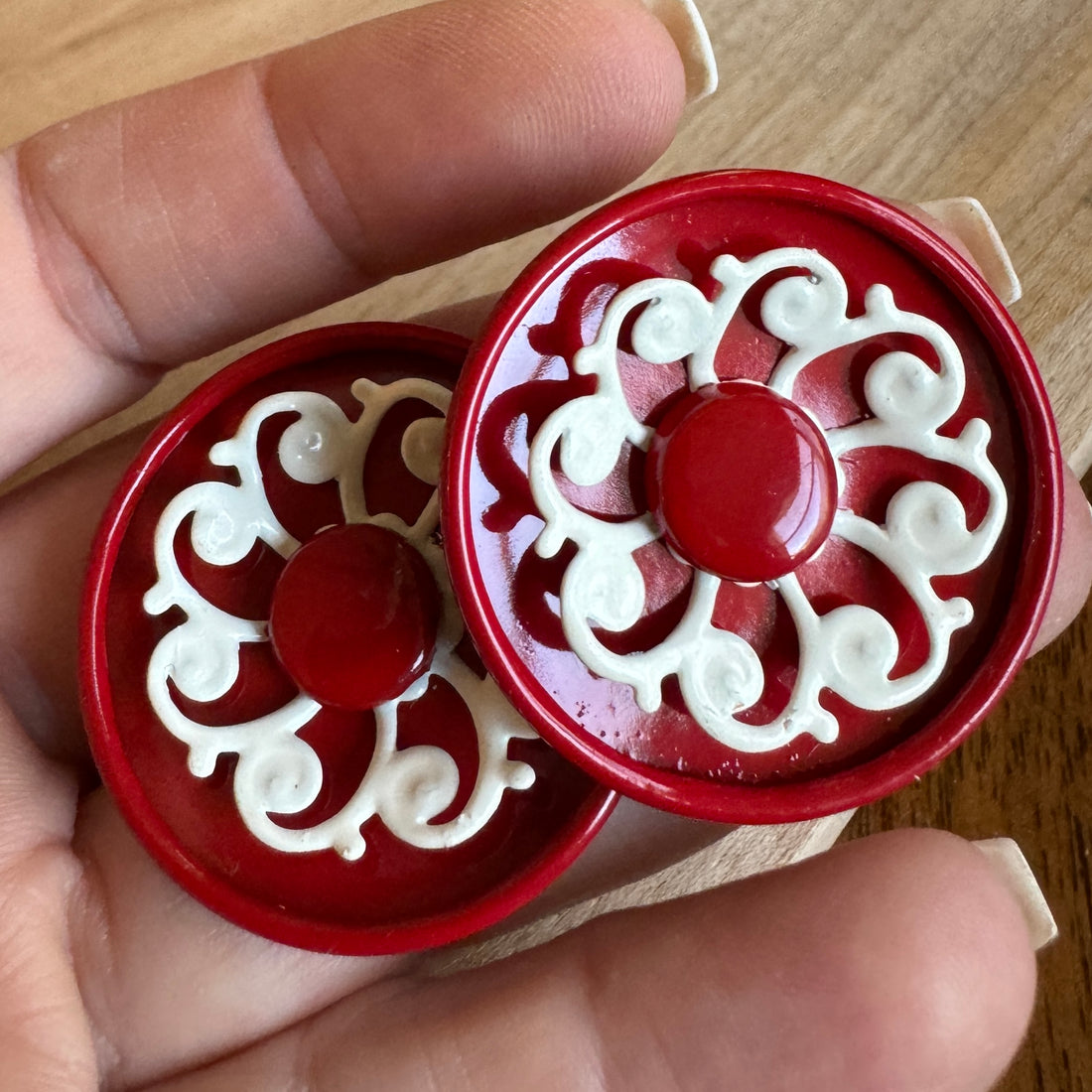 Cherry Red Scroll Flower Layered Stud Earrings *